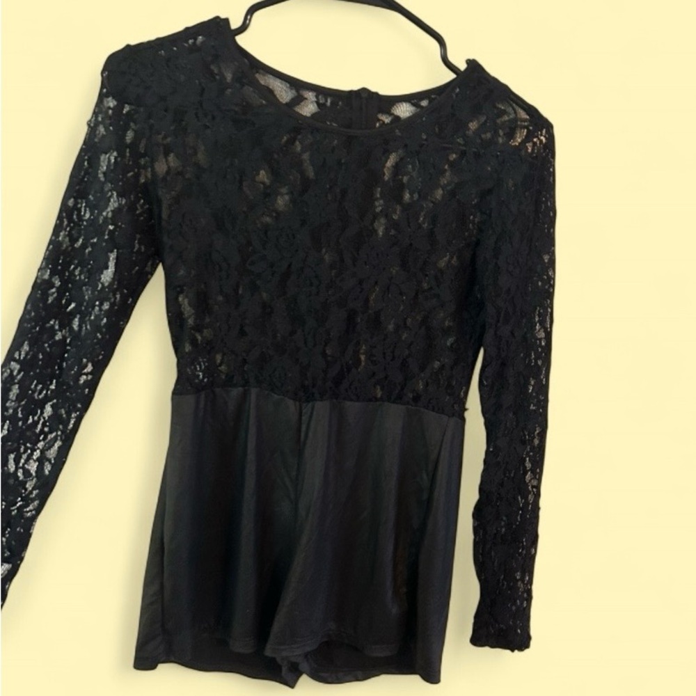 Black Lace Long Sleeve Romper Mesh Top w/ Faux Leather Shorts - Picture 3 of 4